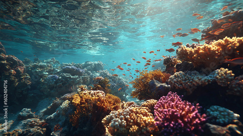 Fototapeta Naklejka Na Ścianę i Meble -  Cinematic animation of vibrant coral reef in the Red Sea, sunlight filtering through water, colorful fish and corals, smooth underwater camera motion 
