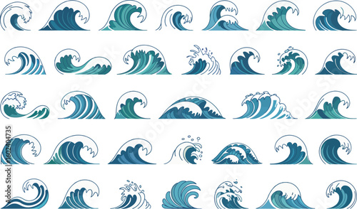 Oceanic Rhythms: An artful assortment of waves in various forms, from delicate ripples to powerful crests, set against a calming backdrop, evoking the raw energy and tranquility of the sea.