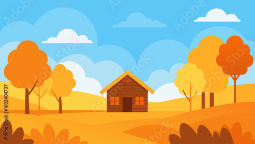 Autumn Field Wooden Cabin Golden Trees Sun