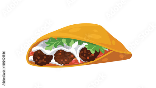 Illustration of a taco filled with meatballs, greens, and a creamy white sauce on a white background