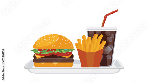 Illustration of a burger with fries and a drink on a tray perfect for a fast food restaurant menu