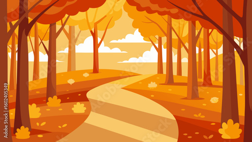 sunny autumn forest with golden leaves path through