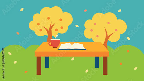 table with book and teacup in blooming orchard