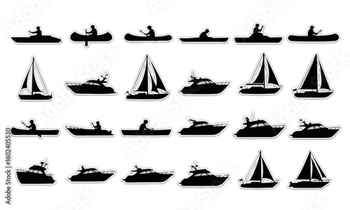 Collection of Watercraft and Boating Silhouettes with Outline
