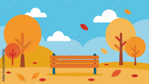 Autumn Park Benches Falling Leaves