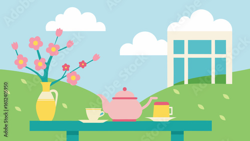 springtime tea table with fresh blossoms sunny