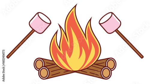 Campfire with marshmallows on sticks roasting camping