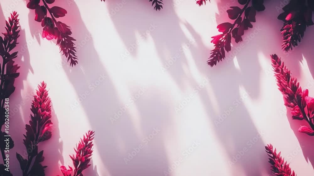 Floral Frame Shadow Play: A visually stunning composition showcasing vibrant red floral blooms gracefully arranged, casting enchanting shadows that dance playfully on a clean surface