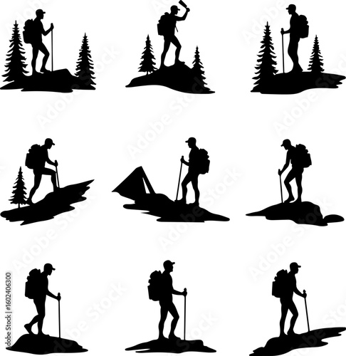 Hiker Silhouettes with Mountain and Forest Background