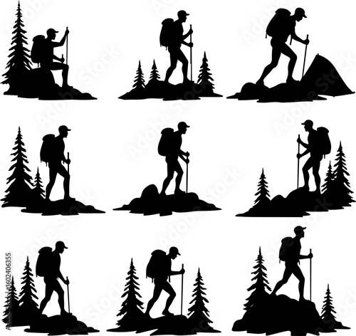 Hiker Silhouettes with Mountain and Forest Background