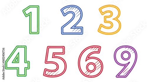 Colorful Numbers 1 2 3 4 5 6 9 on White Background