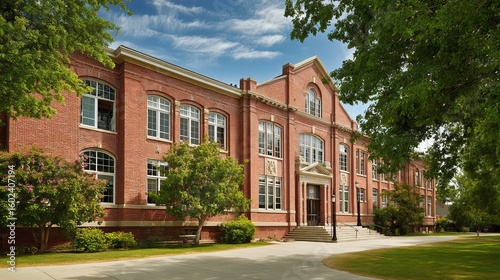 Traditional american school building exterior with brick facade and classic architectural design