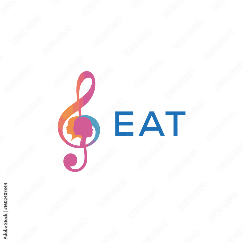 Fototapeta premium FAT “Colorful music logo with human faces and treble clef design” FAT Later Logo, “Creative music academy logo with silhouette heads and notes” 