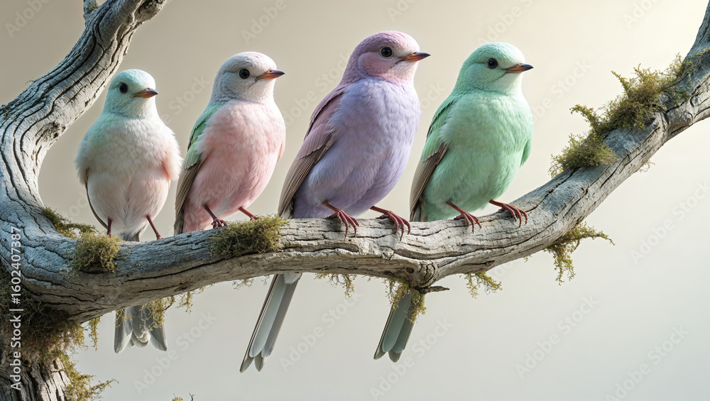 Fototapeta premium Pastel-Colored Birds on a Mossy Branch