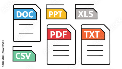 Document file type icons D O C P T X L S P D F T X T C S V