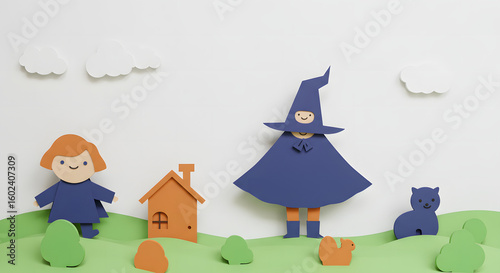 Enchanted Paper Craft Scene: A whimsical paper craft scene unfolds, with a friendly witch and a curious child, a cozy cottage, fluffy clouds, and an adorable creature.