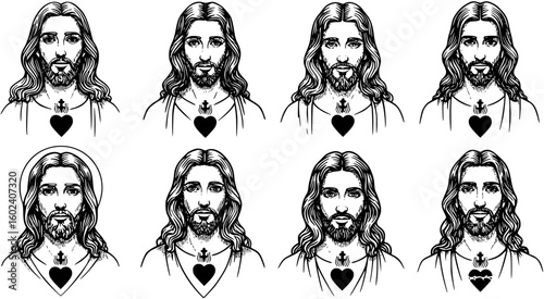 vector drawings of a jesus christ head with heart symbol
