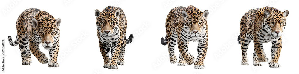 Obraz premium Set of Walking Jaguars Isolated on White Background - Strong Predator, Wildlife Concept