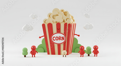 Popcorn Delight: Whimsical illustration of a cheerful popcorn bucket filled with fluffy kernels, surrounded by small figures and trees, evoking a sense of fun and enjoyment.