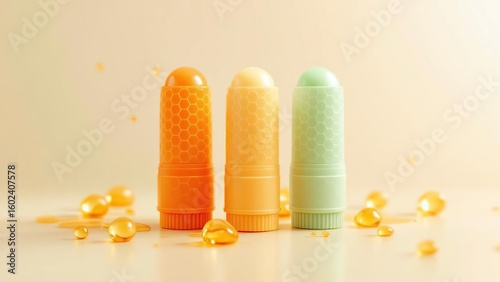 A still life of three colorful nasal inhalers with scattered golden capsules on a light background