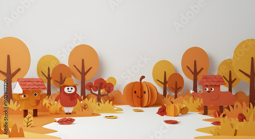 Paper craft autumnal scene: An artfully crafted paper scene depicting autumn's vibrant colors, with a charming cartoon pumpkin and other elements.