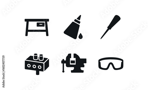solid icon isolated carpenter workbench carpenter wood glue carpenter scriber awl carpenter dowel jig carpenter bench vise carpenter safety glasses