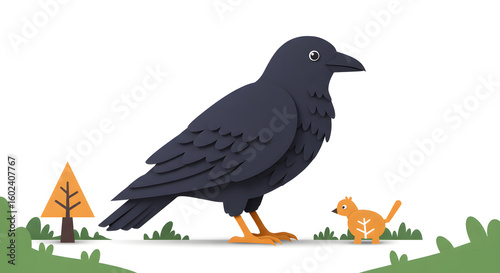 Crow and Kitten Friendship: A heartwarming scene unfolds as a friendly crow and a playful kitten share a moment together.