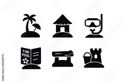 solid icon isolated island umbrella island thatched island snorkeling kit island tide pool guide island driftwood bench island sstle mold