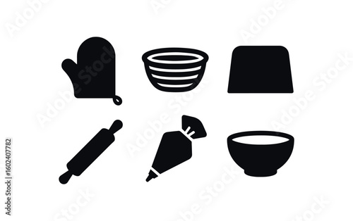 solid icon isolated bakery oven mitt bakery proofing basket bakery dough scraper bakery rolling pin bakery pastry bag bakery miing bowl
