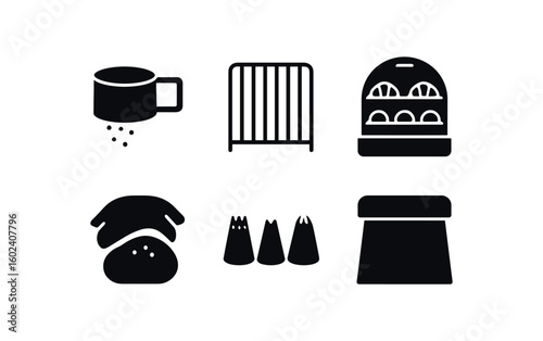 solid icon isolated bakery flour sifter bakery cooling rack bakery display case bakery proofing cloth bakery piping tip bakery bench scraper