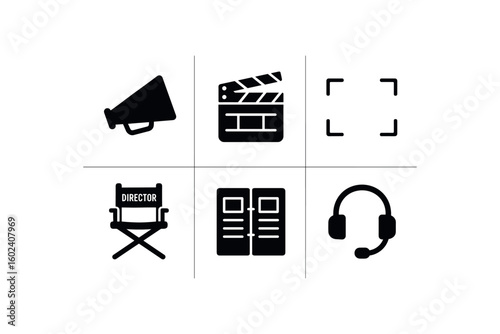 solid icon isolated director mehone prop director clapboard slate director board director chair director storyboard notebook director headset solid icon isolated director film reel director