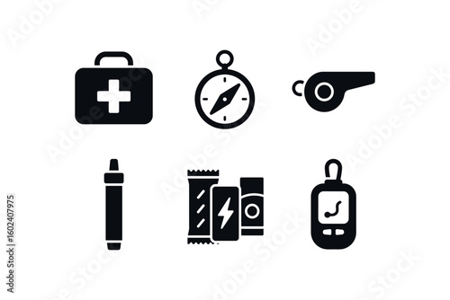 solid icon isolated hiking first aid kit hiking compass whistle hiking water purification straw hiking bar assortment hiking insect repellent bracelet hiking GPS device pouch