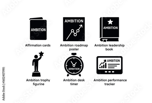 solid icon isolated ambition affirmation cards ambition roadmap poster ambition leadership book ambition trophy figurine ambition desk timer ambition performance tracker