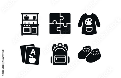 solid icon isolated preschooler play kitchen preschooler puzzle board preschooler smock preschooler learning cards preschooler backpack preschooler shoe covers