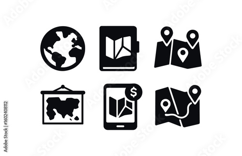 solid icon isolated map projection globe map eplorer notebook map magnetic pins map decal map subscription map route planner