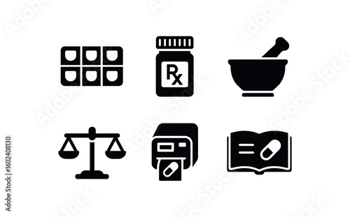 solid icon isolated phacy pill organizer phacy prescription bottle phacy mortar pestle phacy dispensing scale phacy label printer phacy reference guide