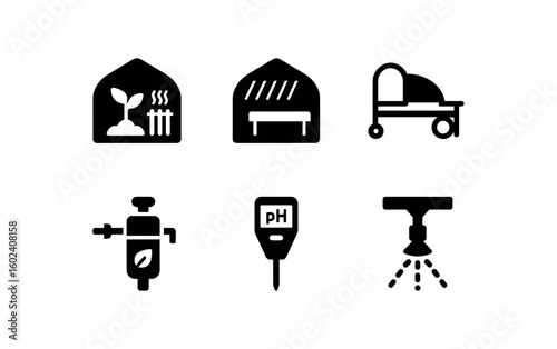 solid icon isolated seedling heater shade cloth bench trolley fertilizer injector pH meter misting nozzle