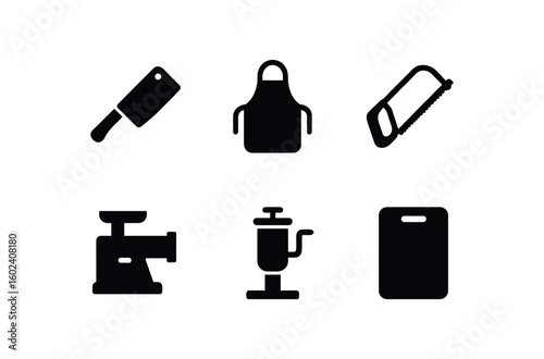solid icon isolated butcher cleaver knife butcher apron butcher bone saw butcher meat grinder butcher sa stuffer butcher cutting board