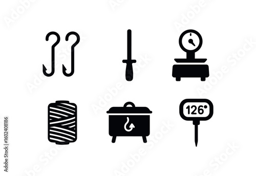 solid icon isolated butcher meat hooks butcher sharpening steel butcher scale butcher twine roll butcher smoker bo butcher meat probe thermometer