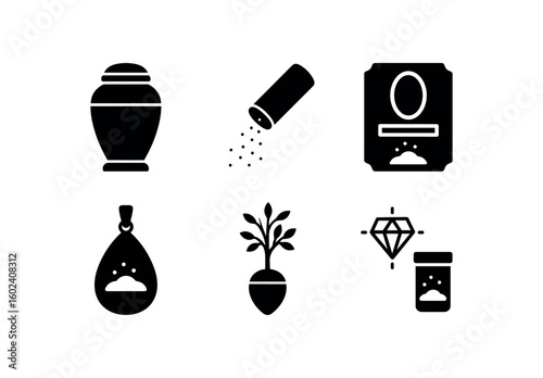 solid icon isolated ashes urn container ashes scattering tube ashes memorial plaque ashes keepsake pendant ashes tree planting pod ashes diamond creation kit