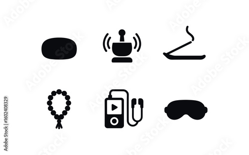 solid icon isolated meditation cushion pad meditation timer meditation incense holder meditation mala beads meditation guided track meditation mask
