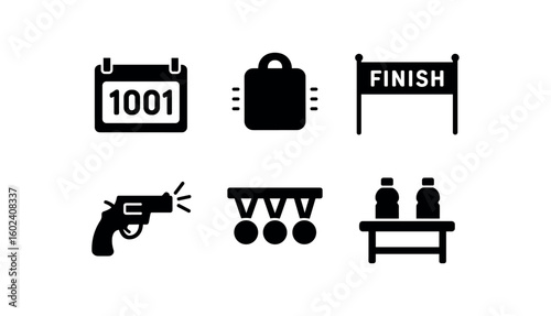 solid icon isolated race number bib race timing chip race finish banner race start pistol prop race medal rack race hydration station