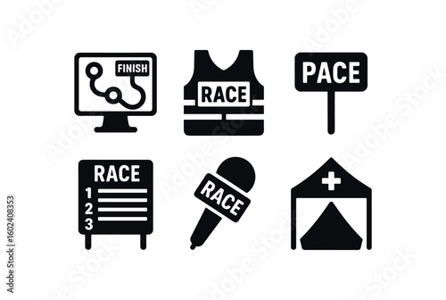 solid icon isolated race route map race volunteer vest race race results board race announcer microphone race medical tent