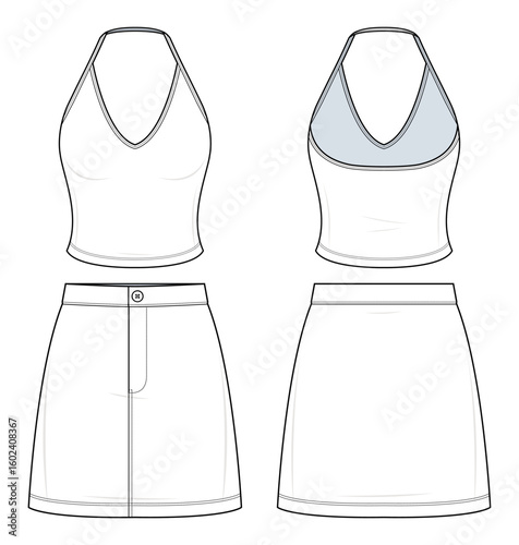 Spaghetti Strap Halter Tank and Mini Skirt Set Technical Fashion Illustration. Fitted Halter Top with Thin Straps and High-Waist Skirt Vector Template. Front and Back View. Casual wear. CAD Mockup.