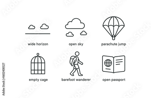 stroke icon mono icons style isolated wide horizon open sky parachute jump empty ca barefoot wanderer open passport