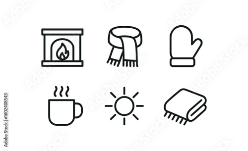 stroke icon mono icons style isolated wth (comfort): hearth scarf mitten hot mug sunbeam blanket
