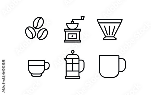 stroke icon mono icons style isolated coffee (b): coffee beans coffee grinder coffee filter espresso shot French press coffee mug