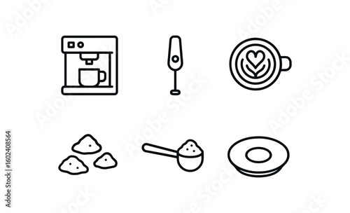 stroke icon mono icons style isolated coffee (equipment): coffee machine milk frother latte coffee grounds coffee scoop saucer