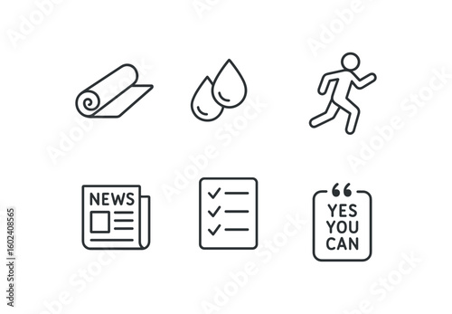 stroke icon mono icons style isolated morning (activity): yoga mat morning dew jogr newspaper list motivational quote