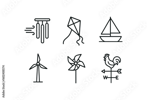 stroke icon mono icons style isolated wind (ntle breeze): wind kite sailboat wind turbine pinwheel weather vane